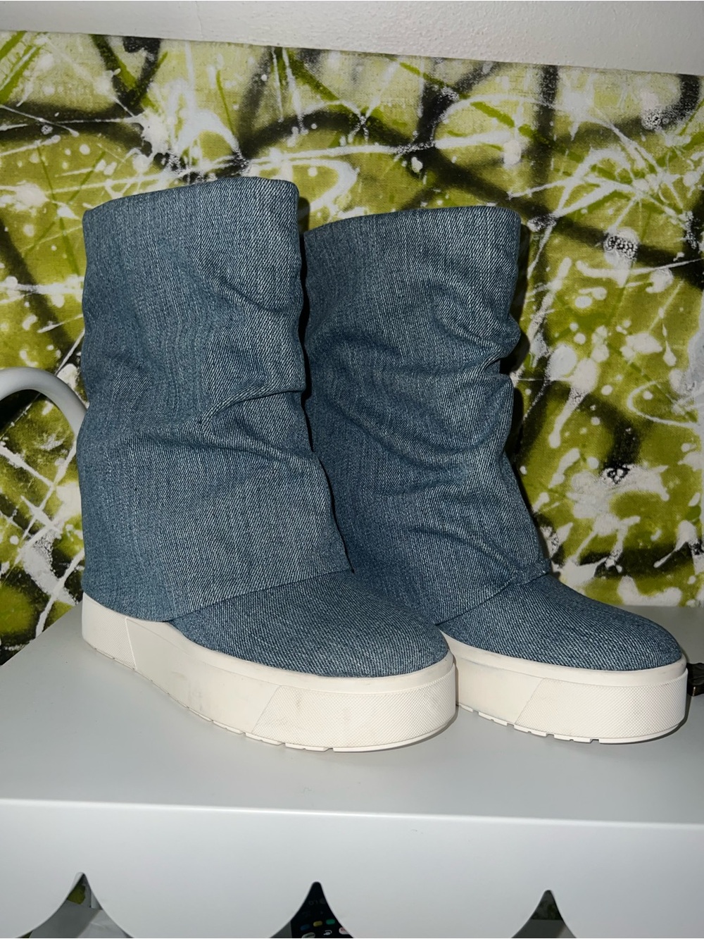 Guess Denim Slouch Ankle Heel Booties in Light Blue
